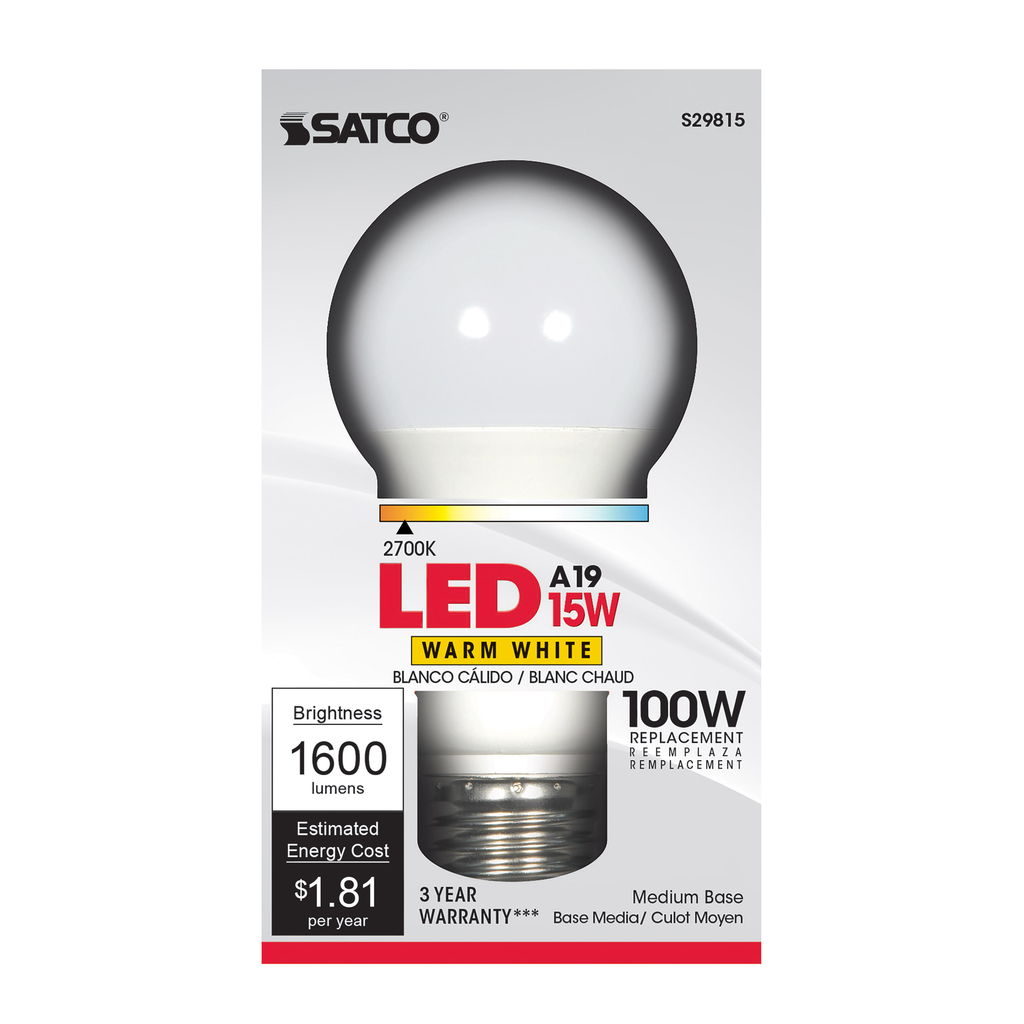 15 Watt; A19 LED; Frosted; 2700K; Medium base; 220 deg. Beam Angle; 120 Volt