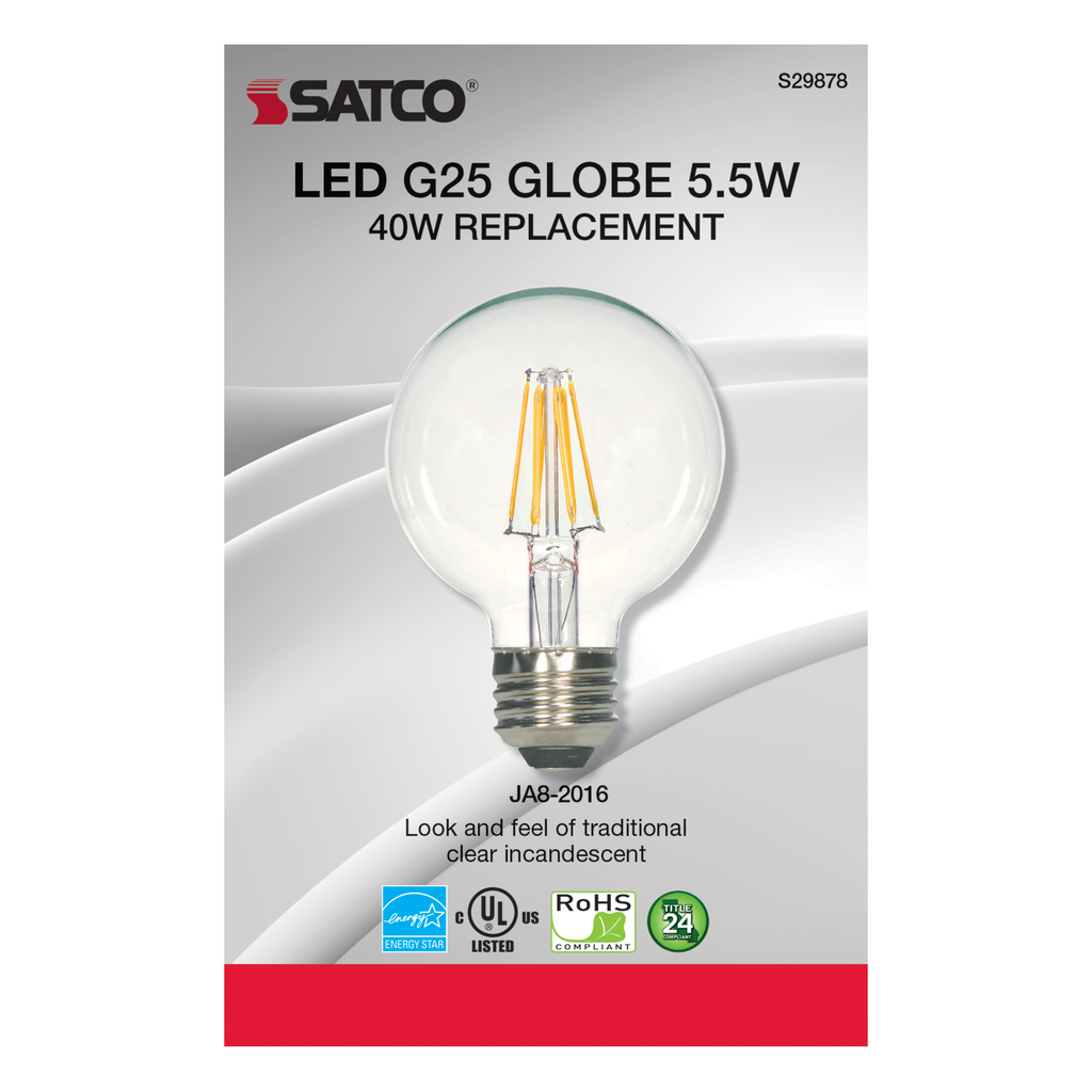 5.5 Watt G25 LED; Clear; Medium base; 2700K; 500 Lumens; 120 Volt
