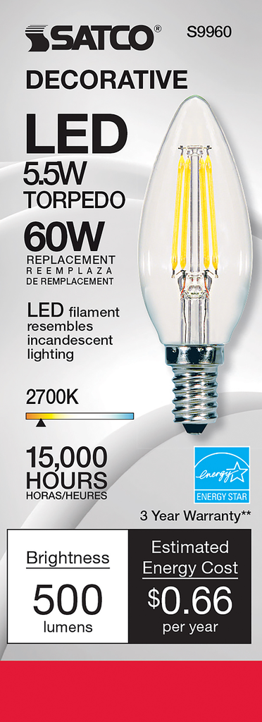 5.5 Watt B11 LED; Clear; Candelabra base; 2700K; 500 Lumens; 120 Volt
