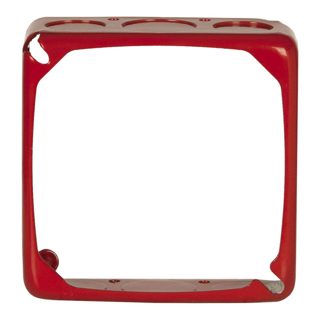 4 in. Life Safety Square Extension Ring, Drawn, 1-1/2 in. Deep, Eight 1/2 in. and Four 3/4 in. KO's, Red