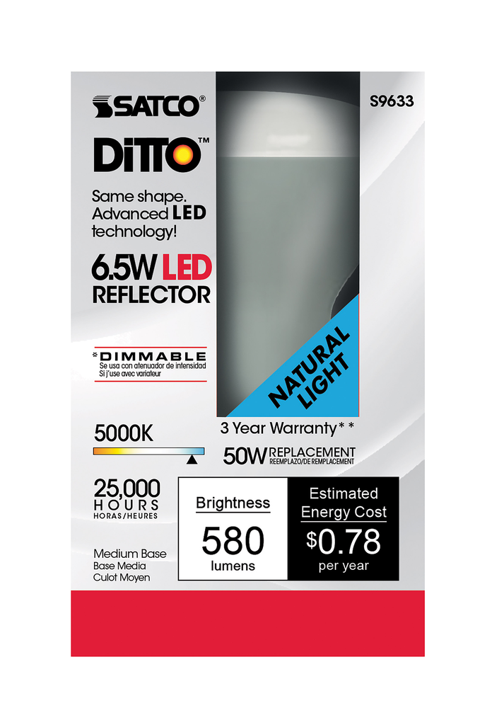 6.5 Watt; LED R20; 5000K; 107 deg. Beam Angle; Medium base; 120 Volt; Dimmable