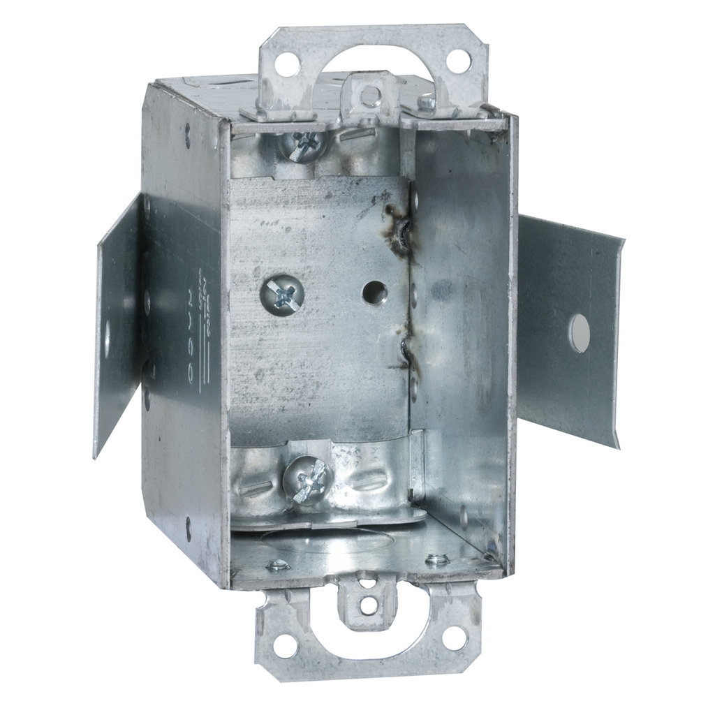 3 in. x 2 in. Switch Box, Gangable, 2-1/2 in. Deep, Two 1/2 in. KO's & NMSC Clamps, Plaster Ears, Old Work, 3/4 in. Sheet Rock Maximum