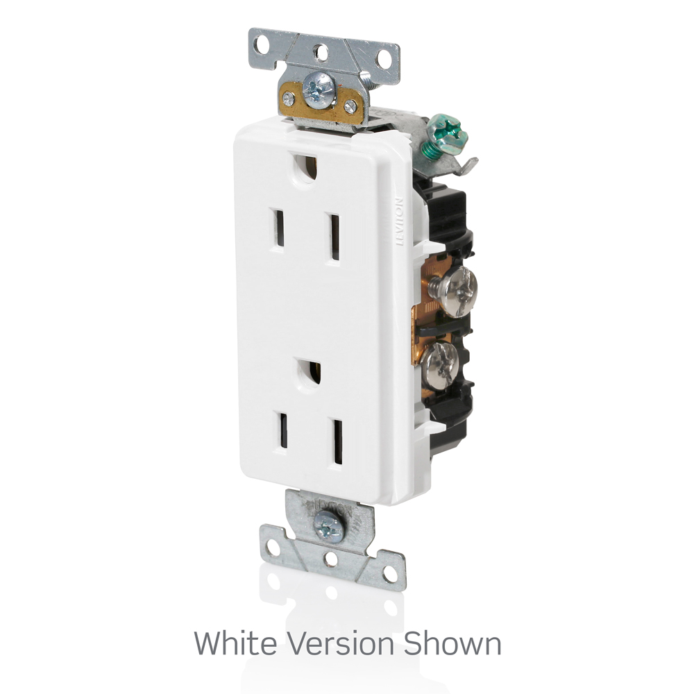 15 Amp Decora Plus Duplex Receptacle/Outlet, Industrial Grade, Self-Grounding