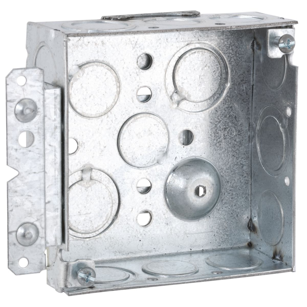 4 in. Square Box, Welded, 1-1/2 in. Deep with Eight 1/2 in. KO's & Five TKO's, Raised Ground, 10 in., UBS, HM Bracket