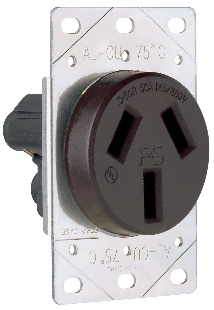 50A 125/250V 10-50R Straight Blade Single Flush Receptacle, 3-Pole, 3-Wire