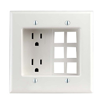 2-Gang Recessed Device with Duplex Outlet/Receptacle and 6 Quickport Plate, White