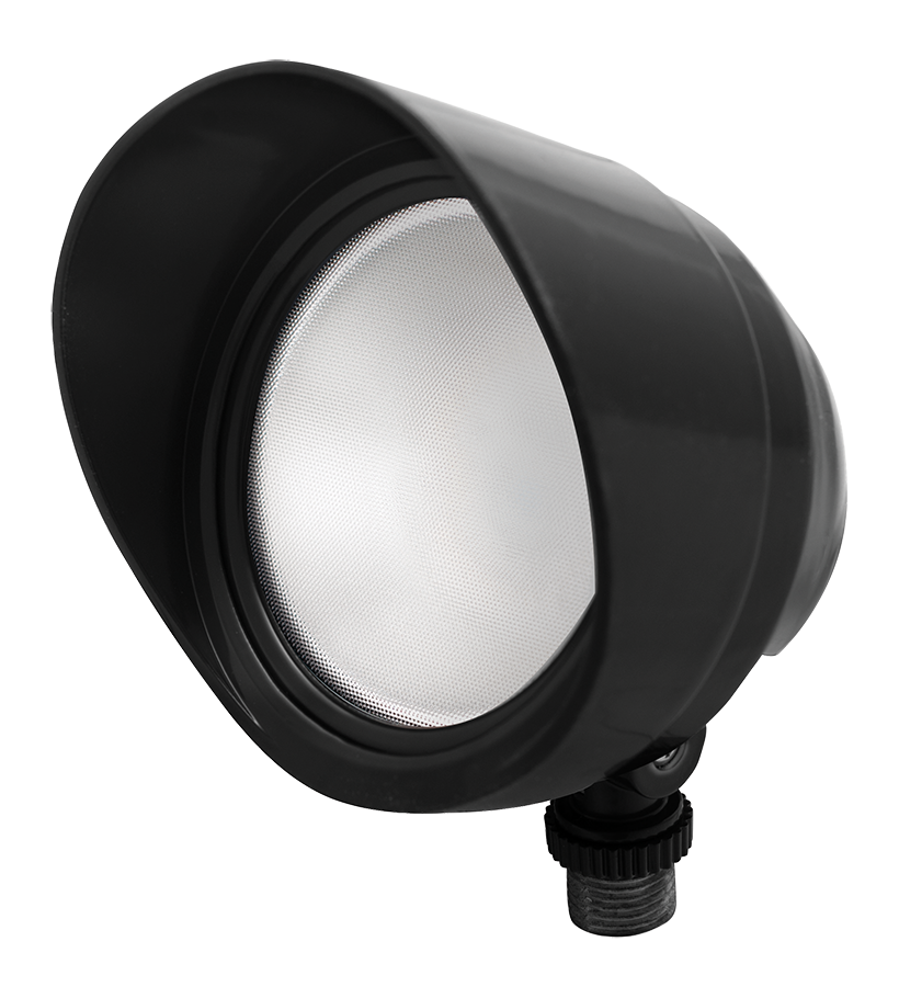 BULLET FLOOD 12W WARM LED 120V W/ HOOD & LENS BLACK