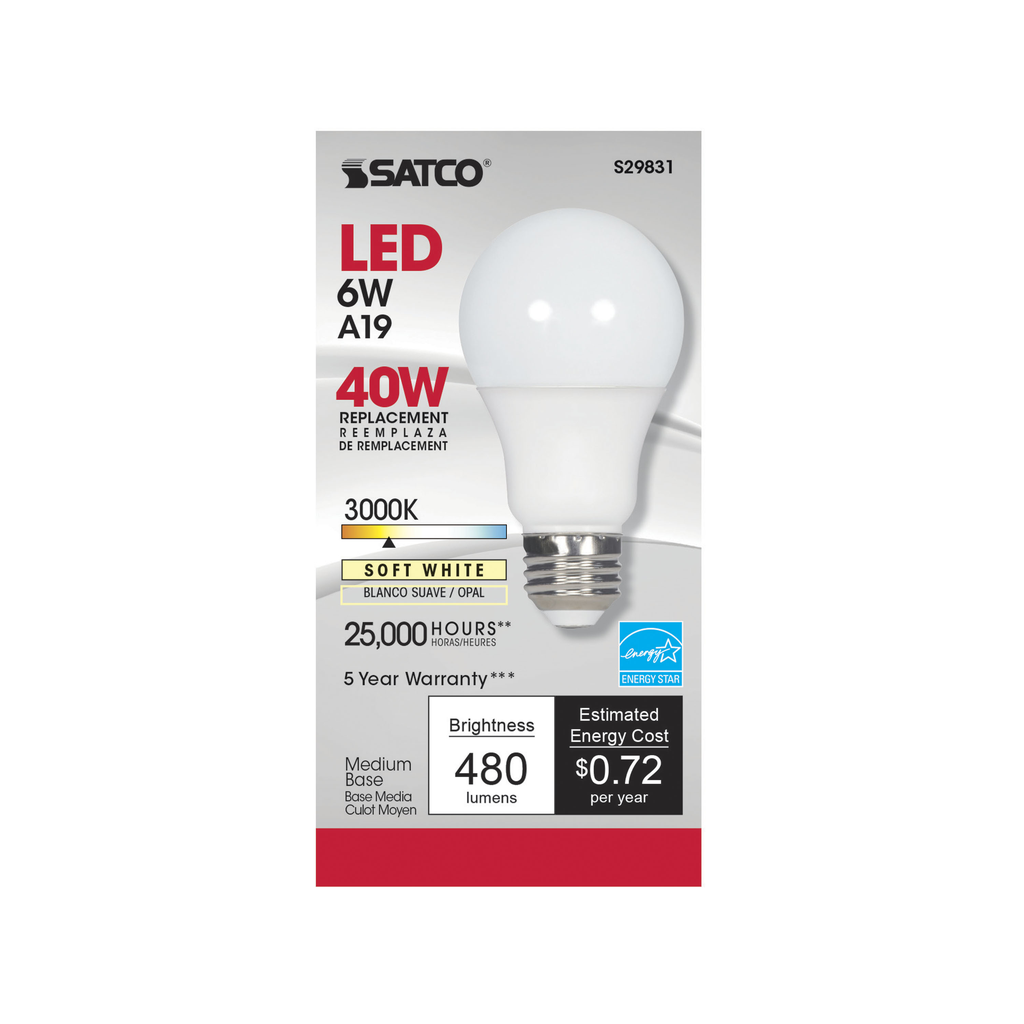 6 Watt; A19 LED; 3000K; Medium base; 220 deg. Beam Angle; 120 Volt