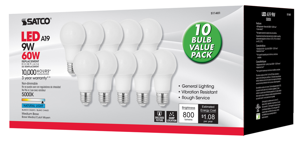 9 Watt A19 LED; 5000K; Medium base; 220 deg. Beam Angle; 10-Pack