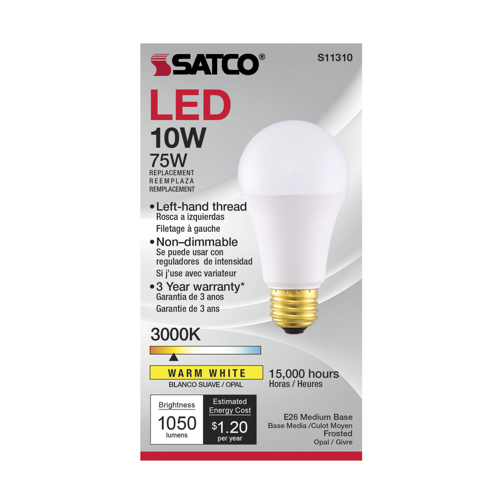 10 Watt A19 LED; 3000K; Medium base; 120 Volt; Left Hand Thread