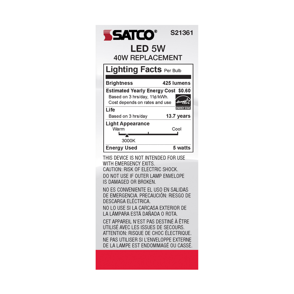 5 Watt ST19 LED; Clear; Medium base; 90 CRI; 3000K; 120 Volt