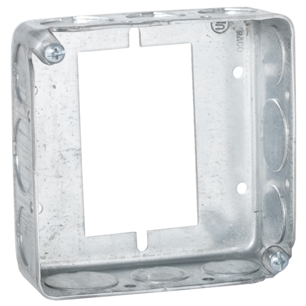 4 in. Square Extension Ring, Drawn, 1-1/2 in. Deep, Eight 1/2 in. and Four, 3/4 in. KO's for Switch Boxes