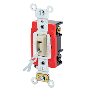 20 Amp, 120/277 Volt, Toggle Locking 3-Way AC Quiet Switch, Industrial Grade, Self Grounding, Back & Side Wired, - Ivory