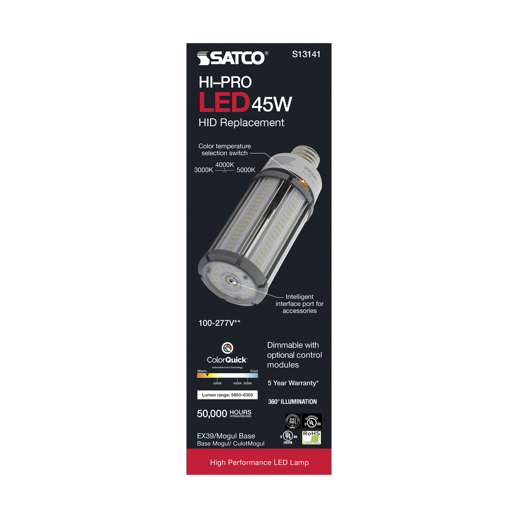45 Watt; LED HID Replacement; CCT Selectable; Mogul extended base; 100-277 Volt; ColorQuick Technology