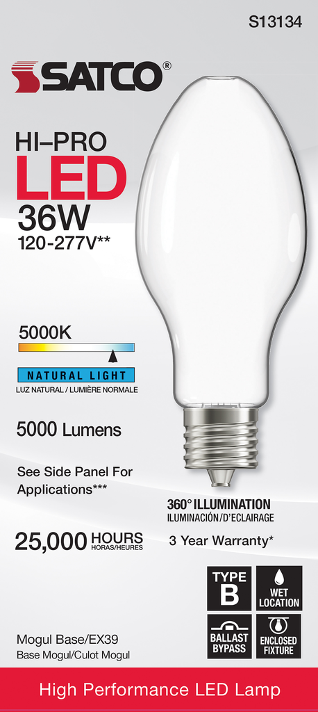 36 Watt LED HID Replacement; ED28; 5000K; Mogul extended base; 120-277 Volt; Type B Ballast Bypass