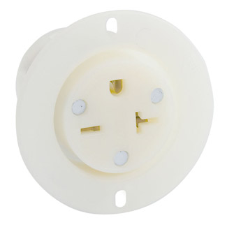 20 Amp, 250 Volt, NEMA 6-20R, 2P, 3W, Flanged Outlet Receptacle, Straight Blade, Industrial Grade, Grounding, , Back Wired, Thermoplastic Nylon Strap - White