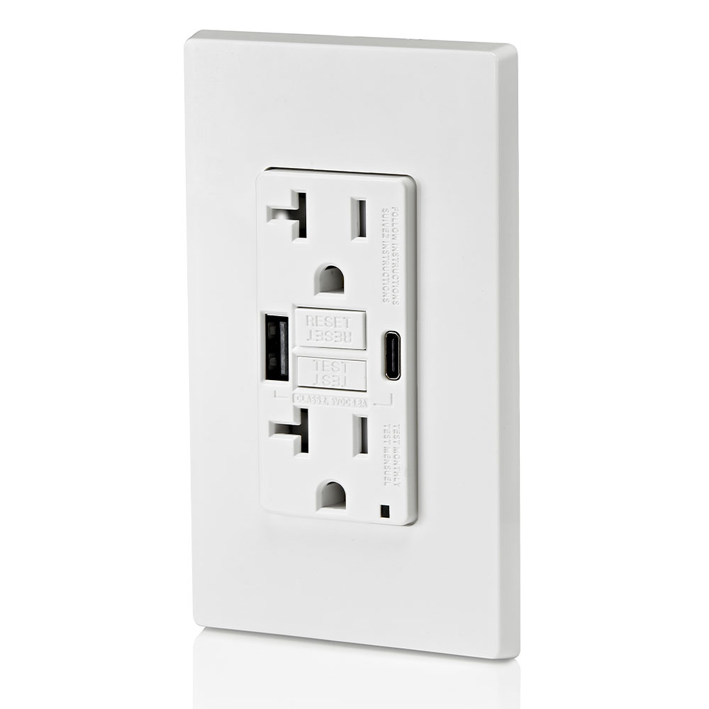 20A SmartlockPro® Self-Test GFCI Combination 24W(4.8A) Type A/C USB In-Wall Charger Outlet – White