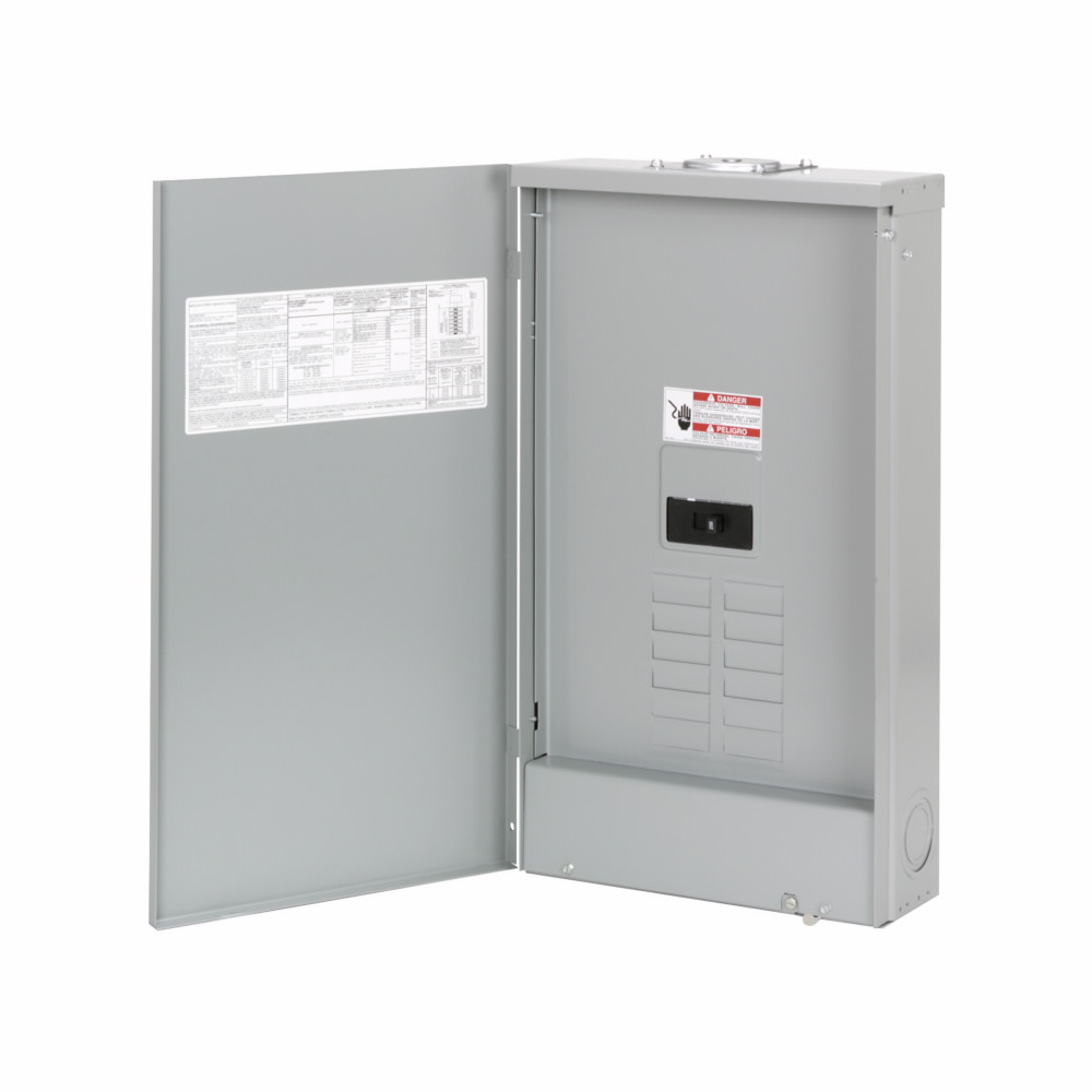 BR style 1-inch loadcenter, main circuit breaker, feed-through lug, 200A, single-phase, 16-pole, 16 circuits, 8 spaces, 120/240V, #2/0-300 kcmil Cu/Al at 60°C or 75°C, NEMA 3R enclosure, c3r box size