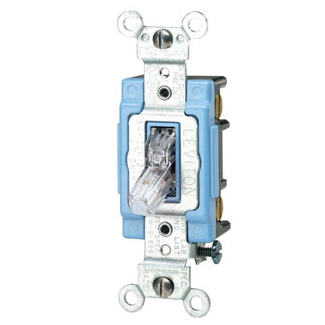 15 Amp, 120 Volt, Toggle Pilot Light - Illuminated ON - Req. Neutral 3-Way AC Quiet Switch, Extra Heavy Duty Spec Grade, Self Grounding, Back & Side Wired, - Clear