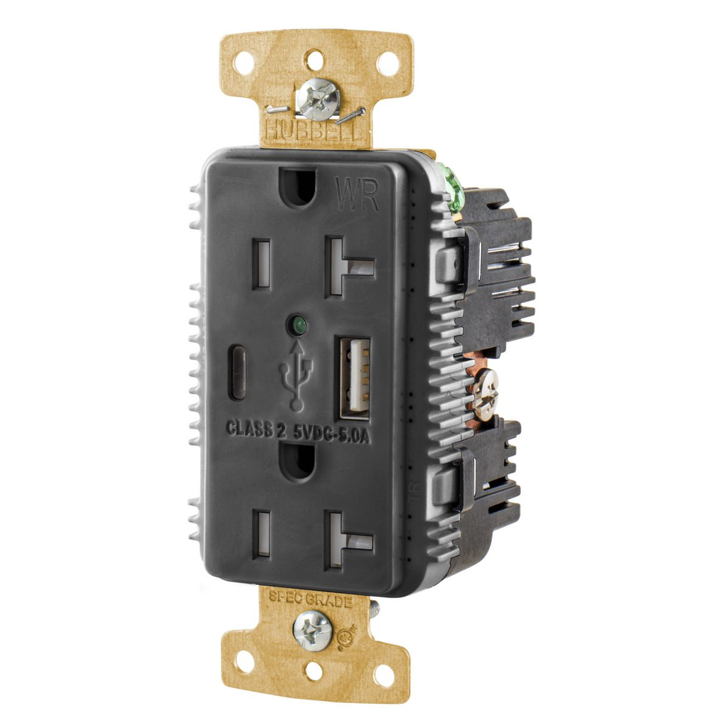 20A/125V Tamper Resistant/Weather Resistant Duplex Receptacle & Type A & C USB Ports, Black