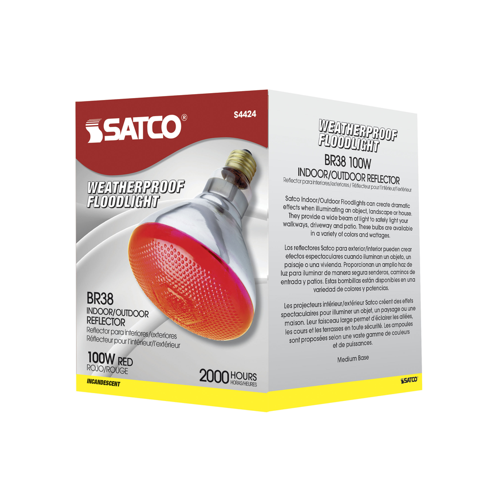 100 Watt BR38 Incandescent; Red; 2000 Average rated hours; Medium base; 120 Volt