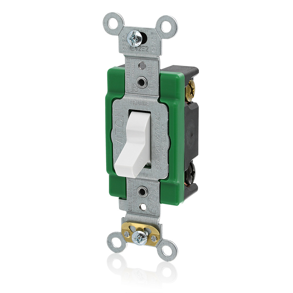 30 Amp, 120/277 Volt, Toggle 3-Way AC Quiet Switch, Extra Heavy Duty Spec Grade, Self Grounding, Back & Side Wired - WHITE