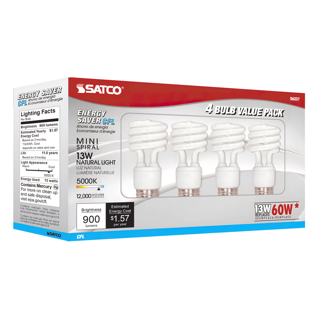 13 Watt; Mini Spiral Compact Fluorescent; 5000K; 82 CRI; Medium base; 120 Volt; 4-pack