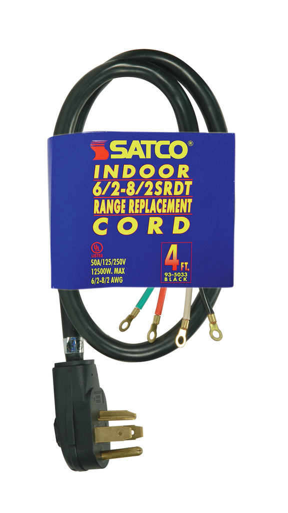 4 Foot, 4 Wire Heavy Duty Replacement Range Cord; 6-2 - 8-2 SRDT Black Round; Indoor Use Only; 50A/125V-250V; 12500W