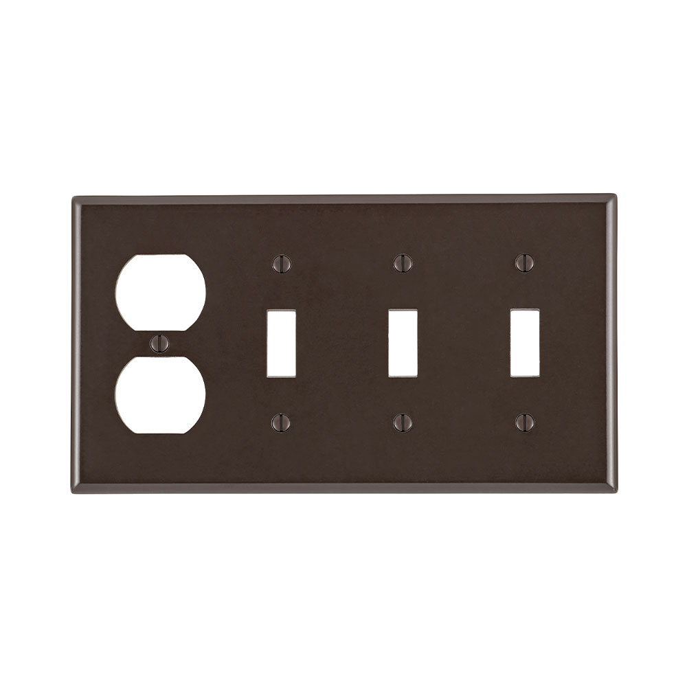 4-Gang Combination Wallplate, 3-Toggle and 1-Duplex Outlet/Receptacle, Standard Size, Brown