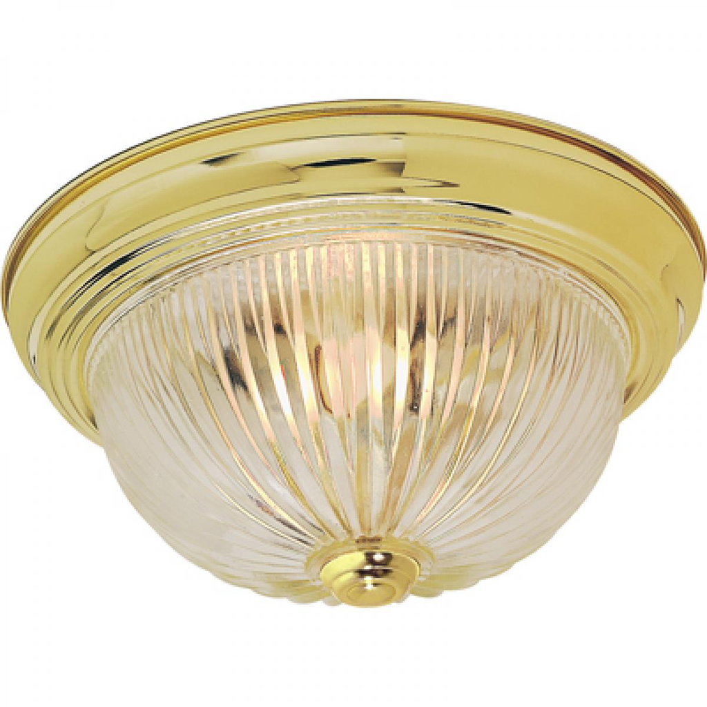 2 Light - 13" Flush with Clear Ribbed Glass - Polished Brass Finish
