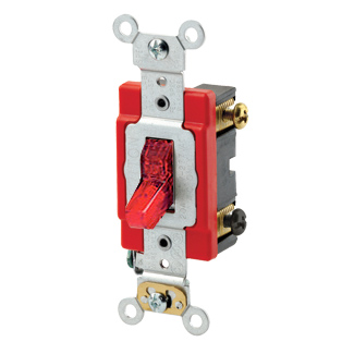 20 Amp, 120 Volt, Toggle Pilot Light - Illuminated ON - Req. Neutral Double-Pole AC Quiet Switch, Industrial Grade, Self Grounding, Back & Side Wired, - Red