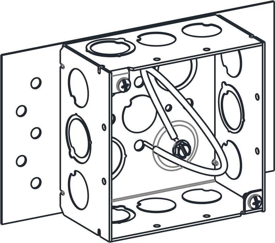 4" SQUARE, 2-1/8" DEEP BOX WITH MKO, 10" PIGTAIL AND BACK MOUNTING PLATE