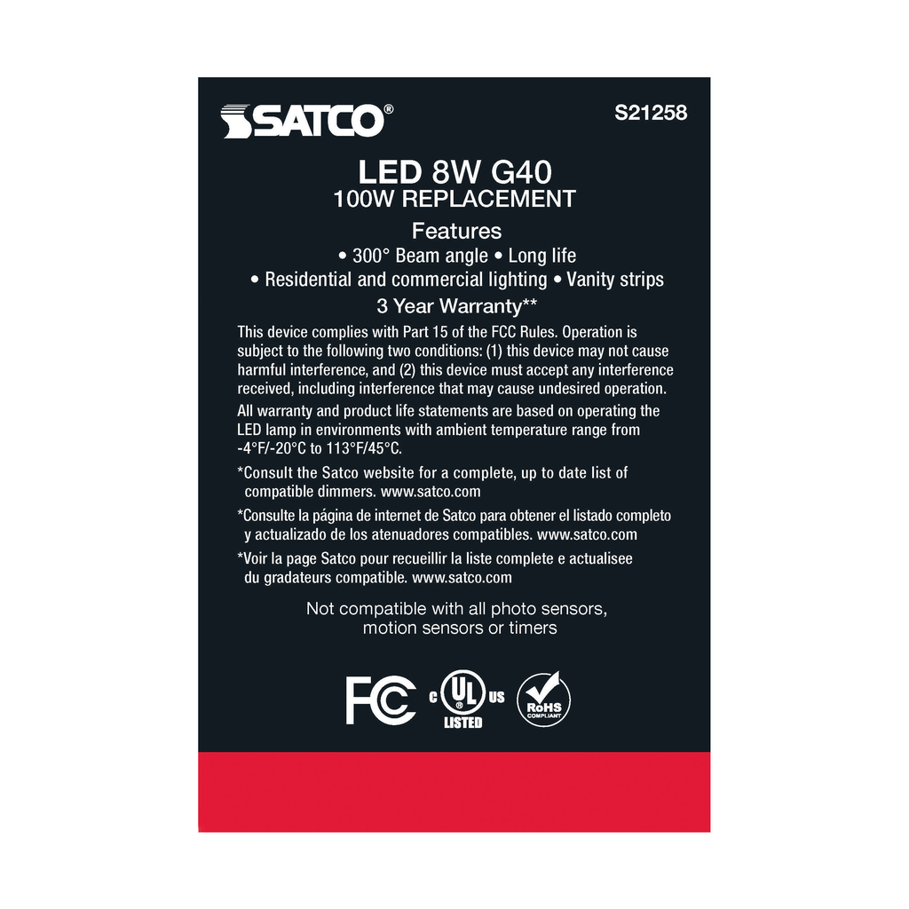 8 Watt G40 LED; Clear; Medium base; 90 CRI; 3000K; 120 Volt