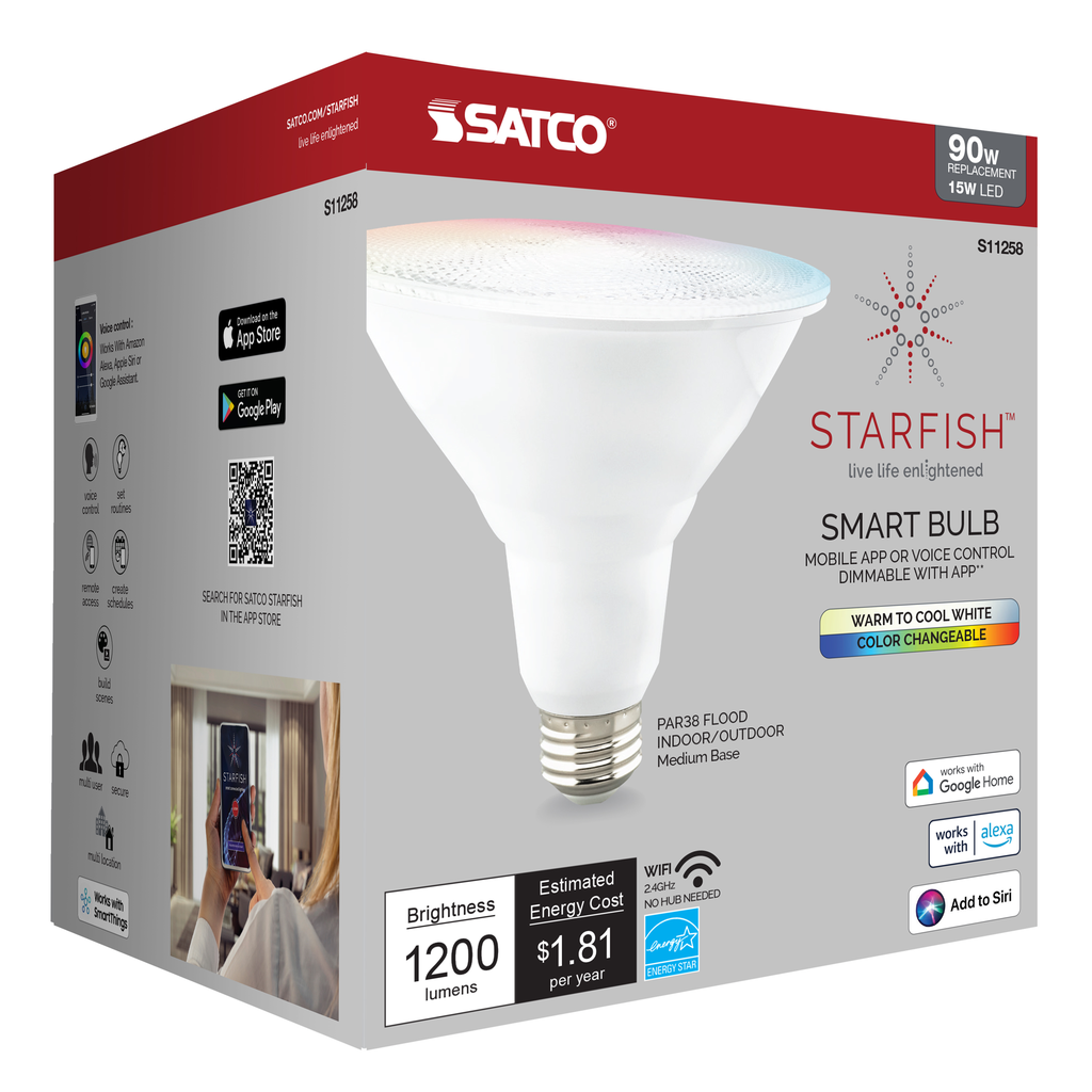 15 Watt; PAR38 LED; RGB & Tunable White; Starfish IOT; 120 Volt; 1200 Lumens