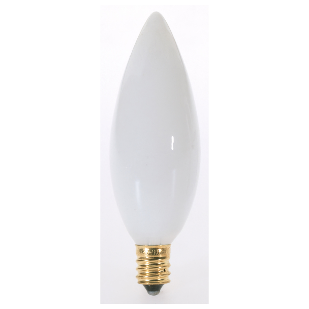 60 Watt B10 Incandescent; White; 1500 Average rated hours; 630 Lumens; Candelabra base; 120 Volt