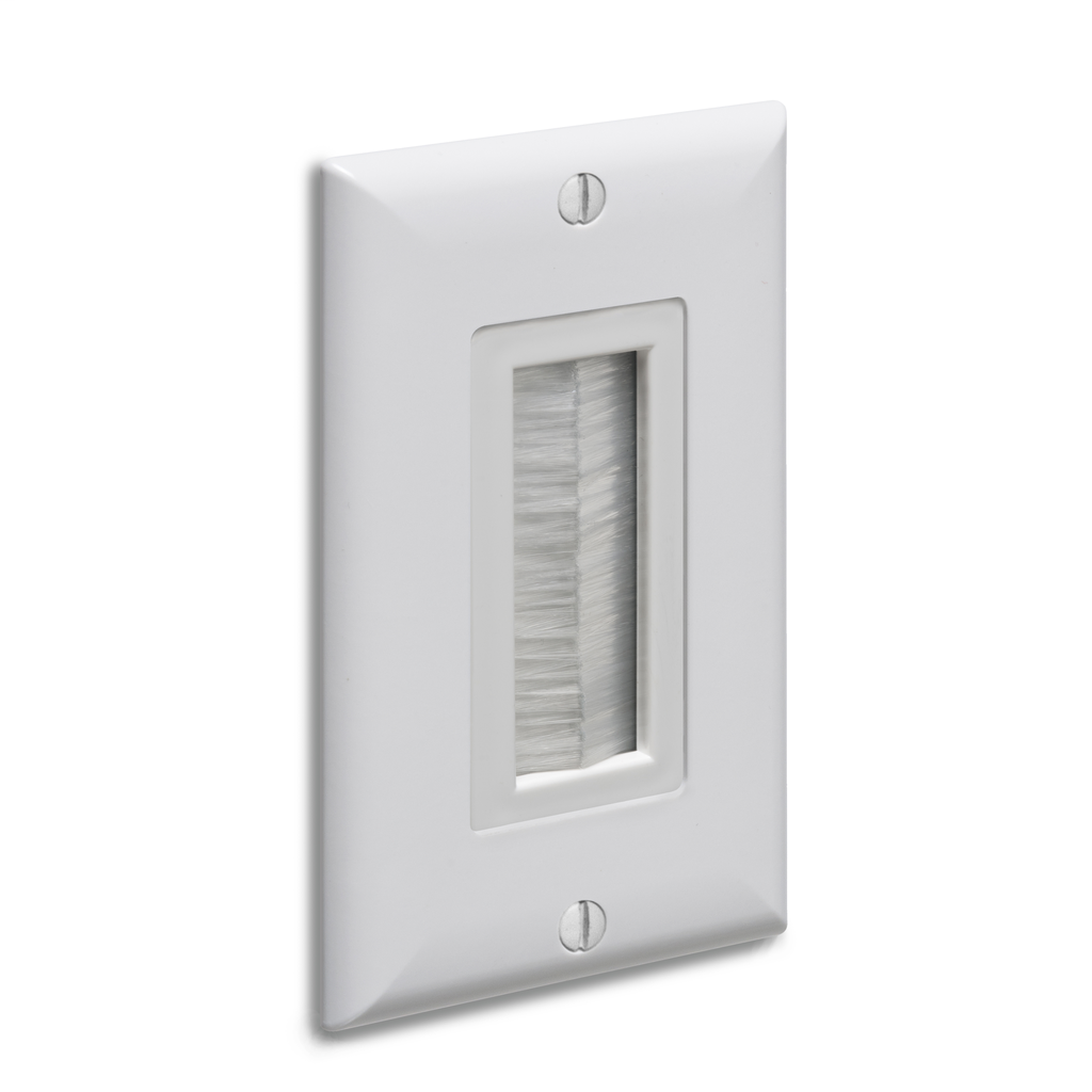 Cable entry device with brush style cover. White Non-metallic. Includes two #6 screws. Comes with wall plate