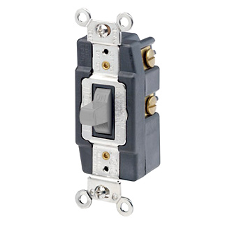 20 Amp, 120/277 Volt, Toggle Double-Throw Ctr-OFF Momentary Contact Single-Pole AC Quiet Switch, Industrial Grade, Grounding, Back & Side Wired, - Gray