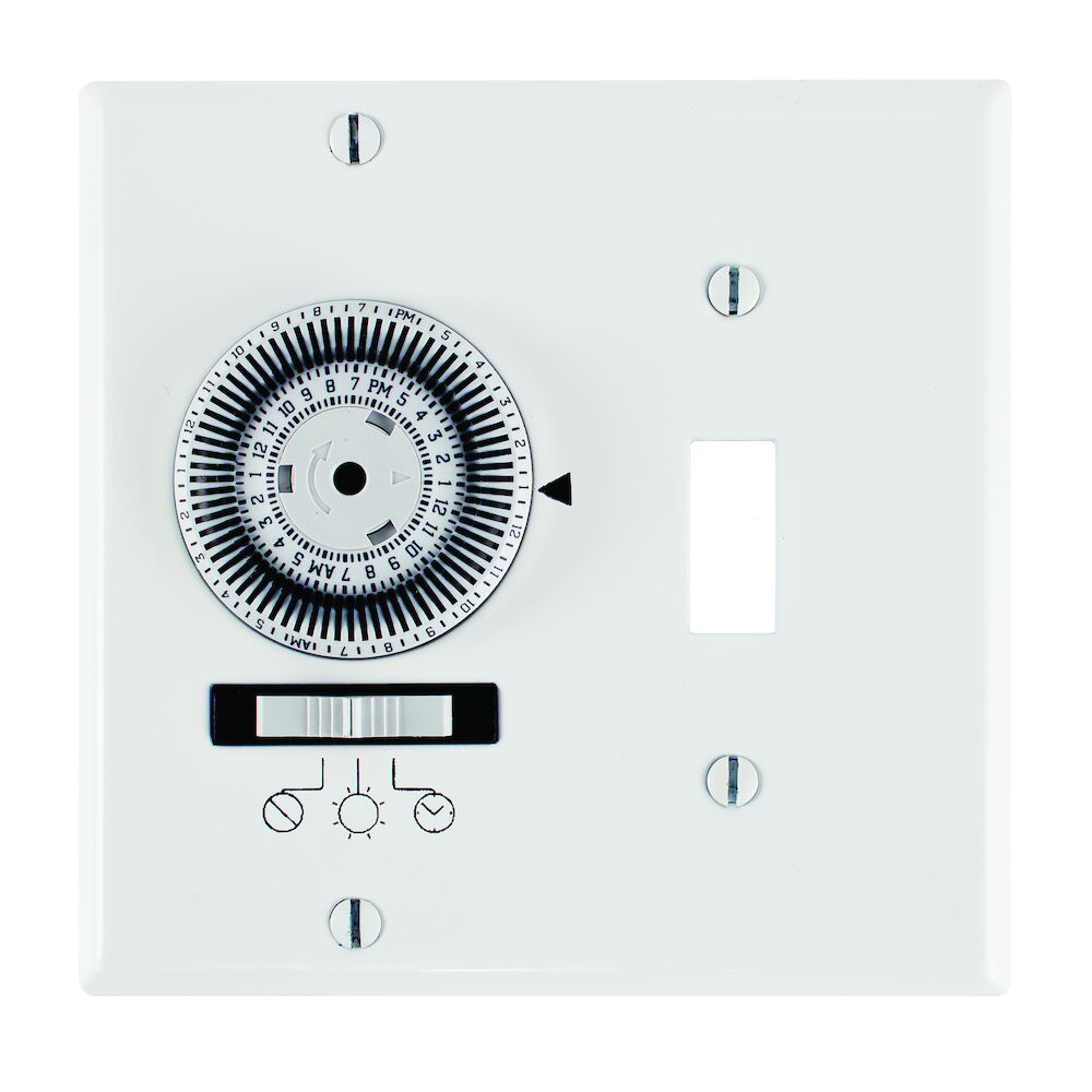 24-Hour Heavy-Duty Mechanical In-Wall Timer, Timer and Toggle Switch, 120 VAC, 20A, SPST, 2 Gang, White
