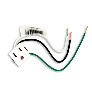 15 Amp, 125 Volt, NEMA 5-15R, 2P, 3W, Snap-In Receptacle, Straight Blade, Grounding, Leads 14GA 6 Inch Long Wired - White