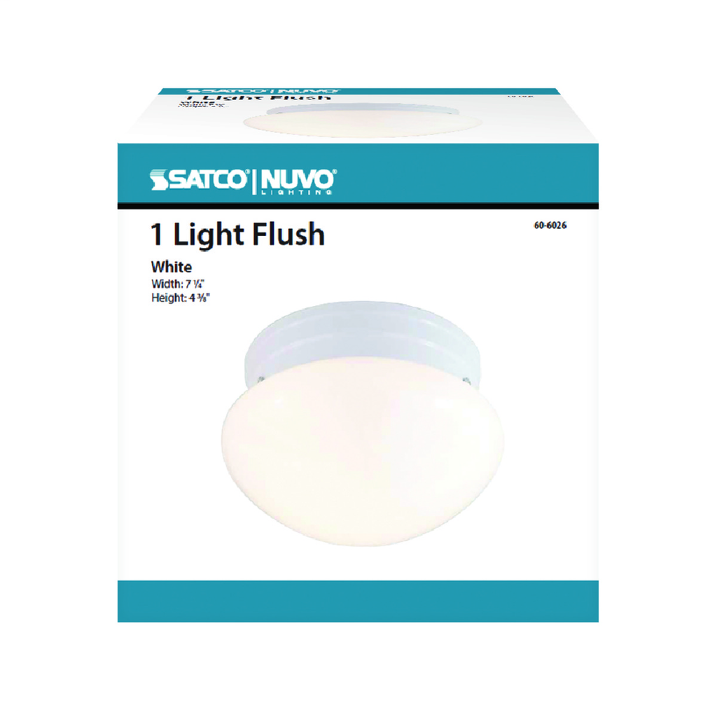 1 Light - 8" - Flush Mount - Small White Mushroom, Color retail packaging