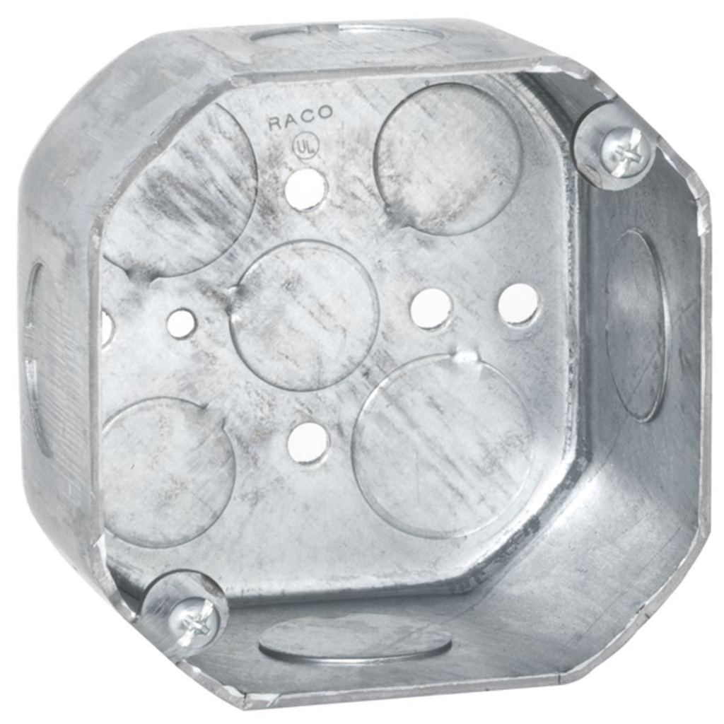 4 in. Octagon Box, Drawn, 2-1/8 in. Deep, Three 1/2 & Six 3/4 in. KO's