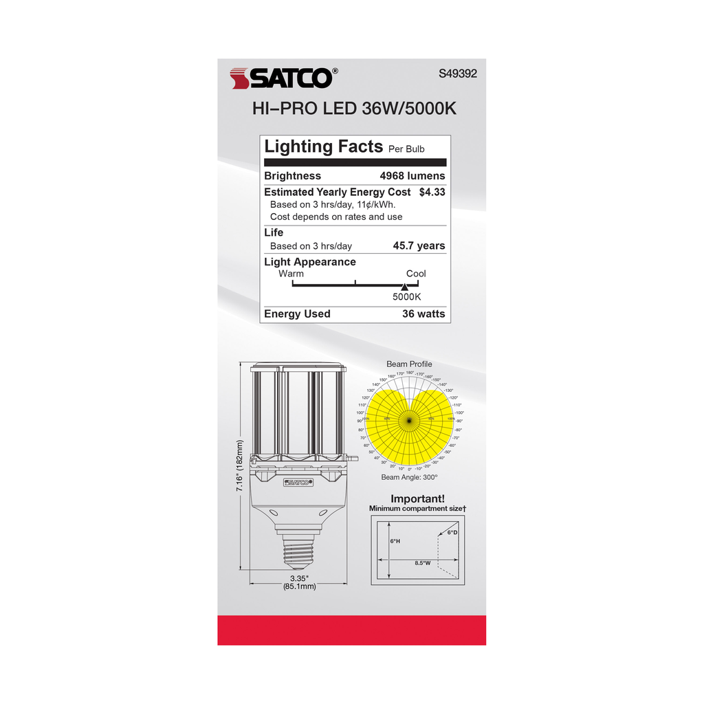 36 Watt LED HID Replacement; 80 CRI; 5000K; Type B; Ballast Bypass; Medium base; Economy Hi-Pro