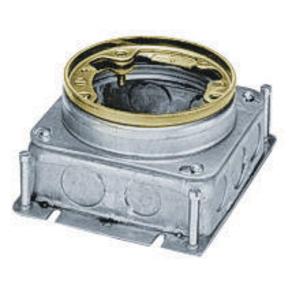 1-Gang, Round, Galvanized Stamped Steel Box, Shallow, Fully Adjustable, Single Service, Brass Top