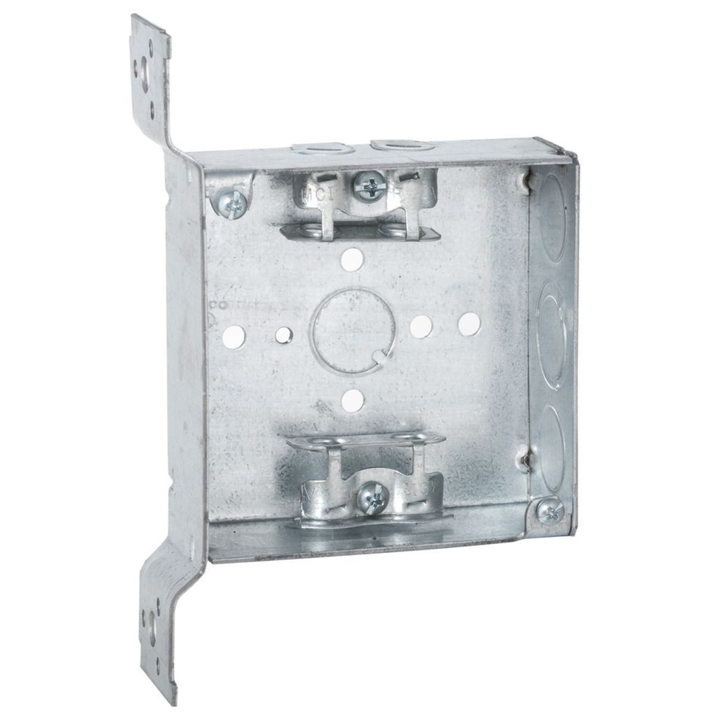 4 in. Square Box, Welded, 1-1/2 in. Deep with AC/MC/Flex Clamps, Three 1/2 in. KO's and One TKO, UBS, FS Bracket, Flush