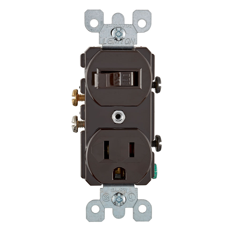 15 Amp, 120 Volt, Duplex Style Single-Pole / 5-15R AC Combination Switch, Commercial Grade, Grounding, Side Wired, Brown