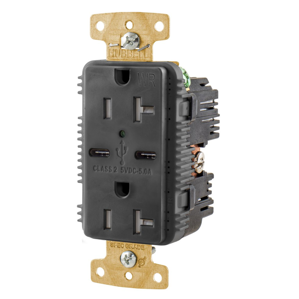 15A/125V Tamper Resistant/Weather Resistant Duplex Receptacle & Type C USB Port, Black