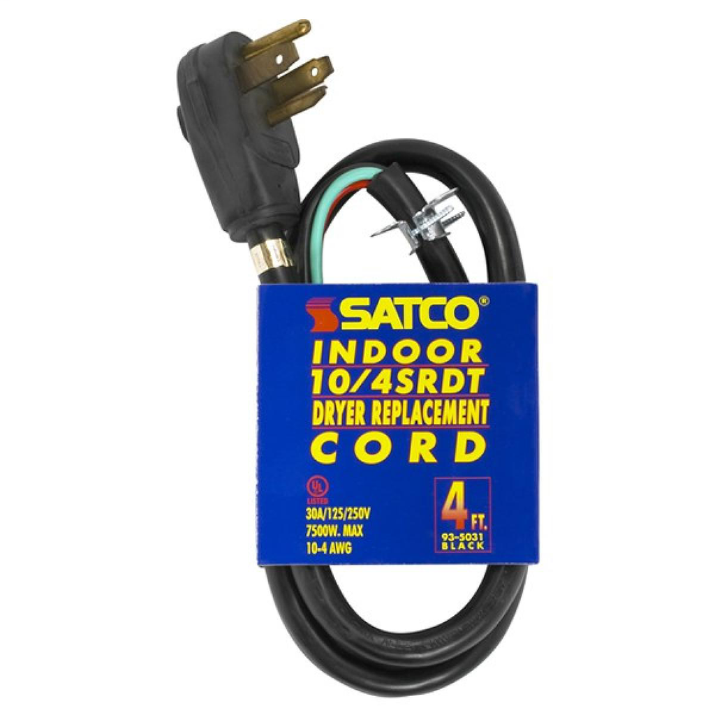 4 Foot, 4 Wire Heavy Duty Replacement Dryer Cord, 10-4 SRDT Black Round, Indoor Use Only, 30A/125V-250V, 7500W