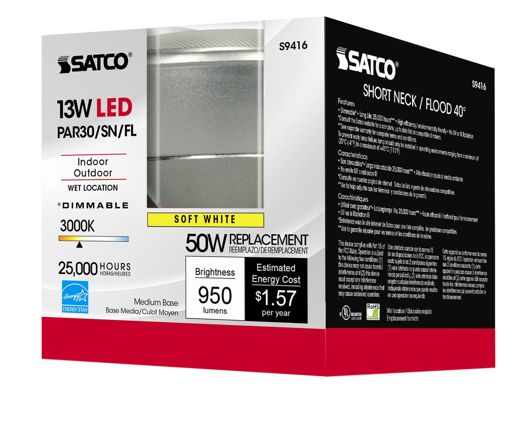 13 Watt PAR30 Short Neck LED; 3000K; 40 deg. Beam Angle; Medium base; 120 Volt