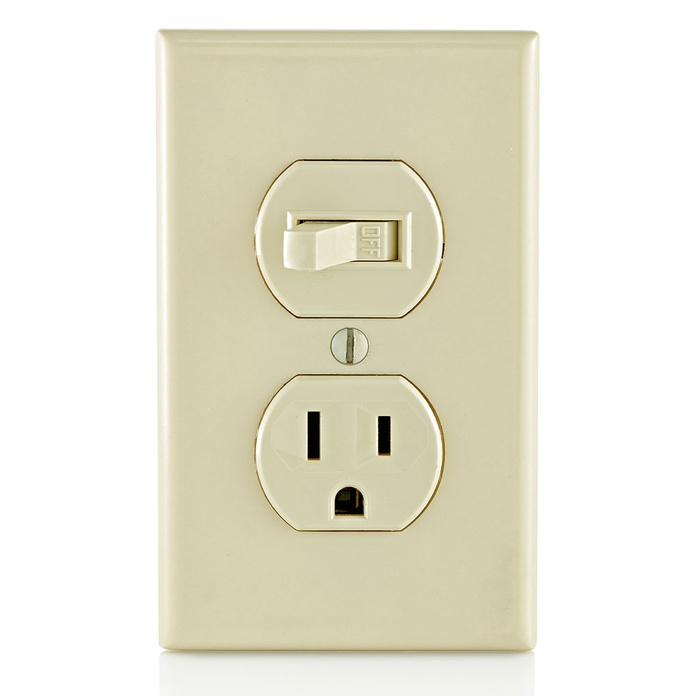 15 Amp, 120 Volt, Duplex Style Single-Pole / 5-15R AC Combination Switch, Commercial Grade, Grounding, Side Wired, Ivory