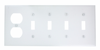 5-Gang 4-Toggle 1-Duplex Device Combination Wallplate, Standard Size, Painted Metal, Device Mount - White
